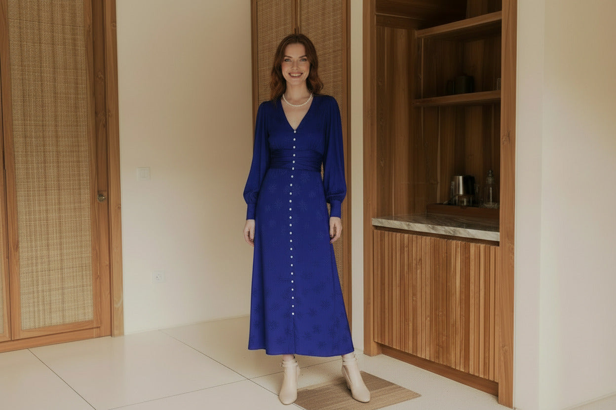 Liliana button front midi dress in blue on model standing in a room with wooden cabinets.