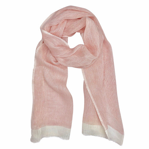 Amalfi linen gauze scarf in pink with white trim on a white background