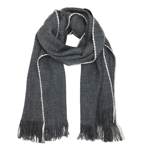 Andes Charcoal Baby Alpaca Handmade Scarf with white trim and fringes on a white background