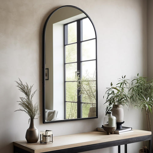 Arched mirror on a wall with a wooden console table and decorative items.