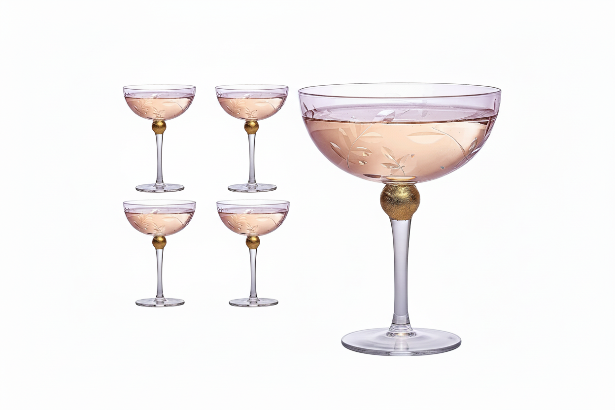 Set of four coupe cocktail Art Art deco coupe glasses with pink goblets and gold accents on a white background