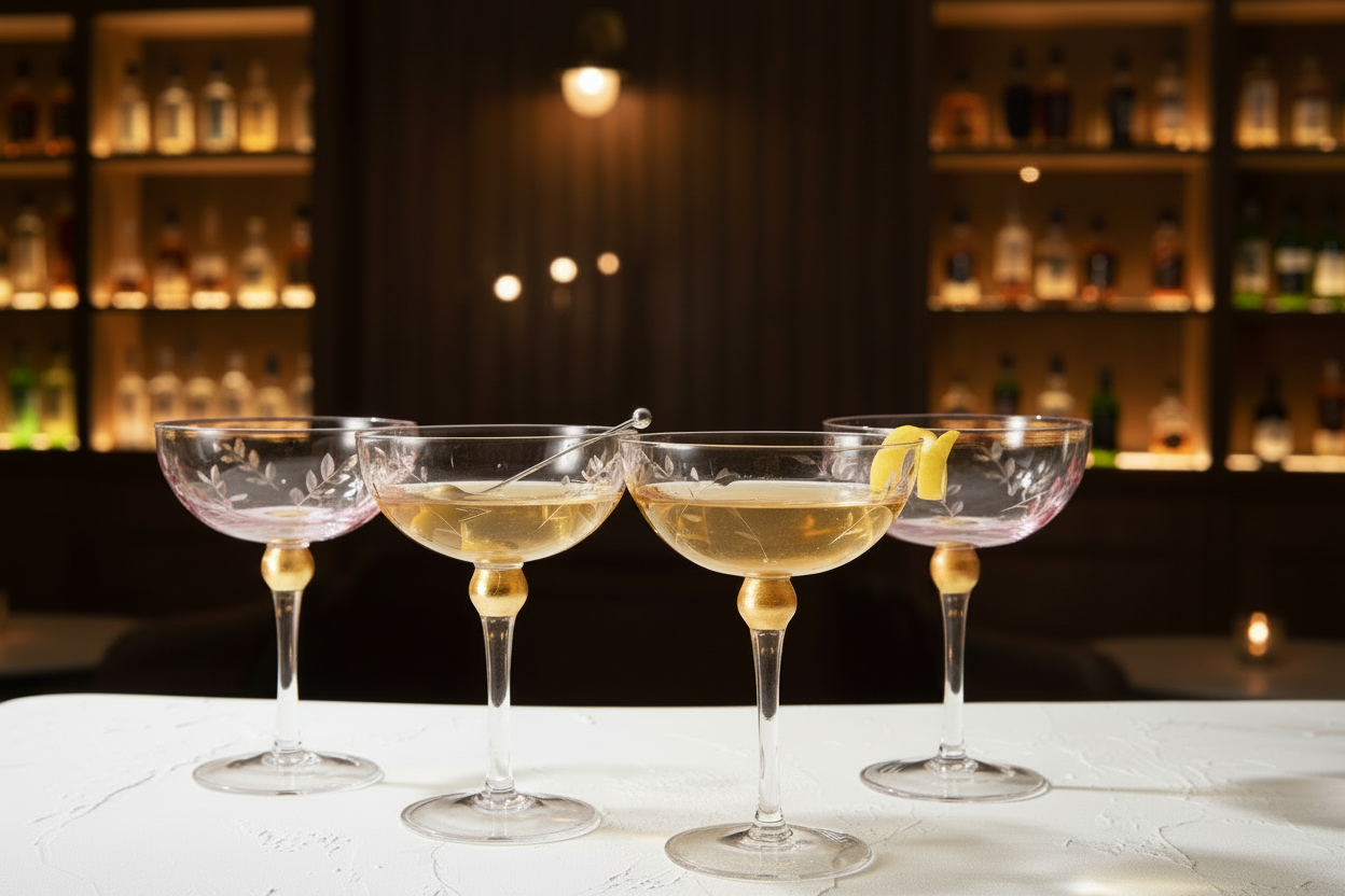 Art decp coupe glasses set of four on a bar.