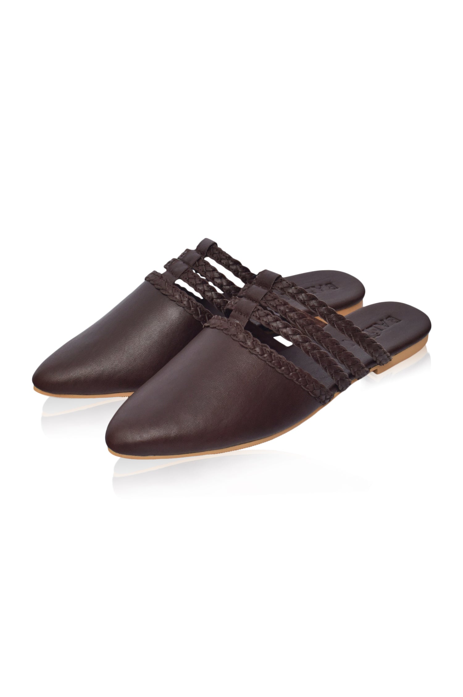 Pair of Audrea brown leather pointed-toe shoes with decorative straps on a white background