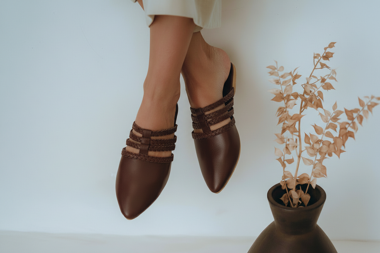 Audrea pointed toe loafers in brown with braided details, on model next to a vase with dried plants on a white background
