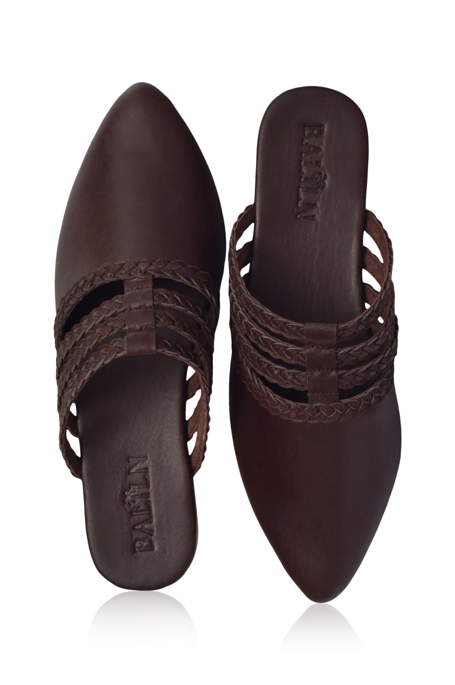 Pair of Audrea brown leather pointed-toe shoes with cut-out design on a white background