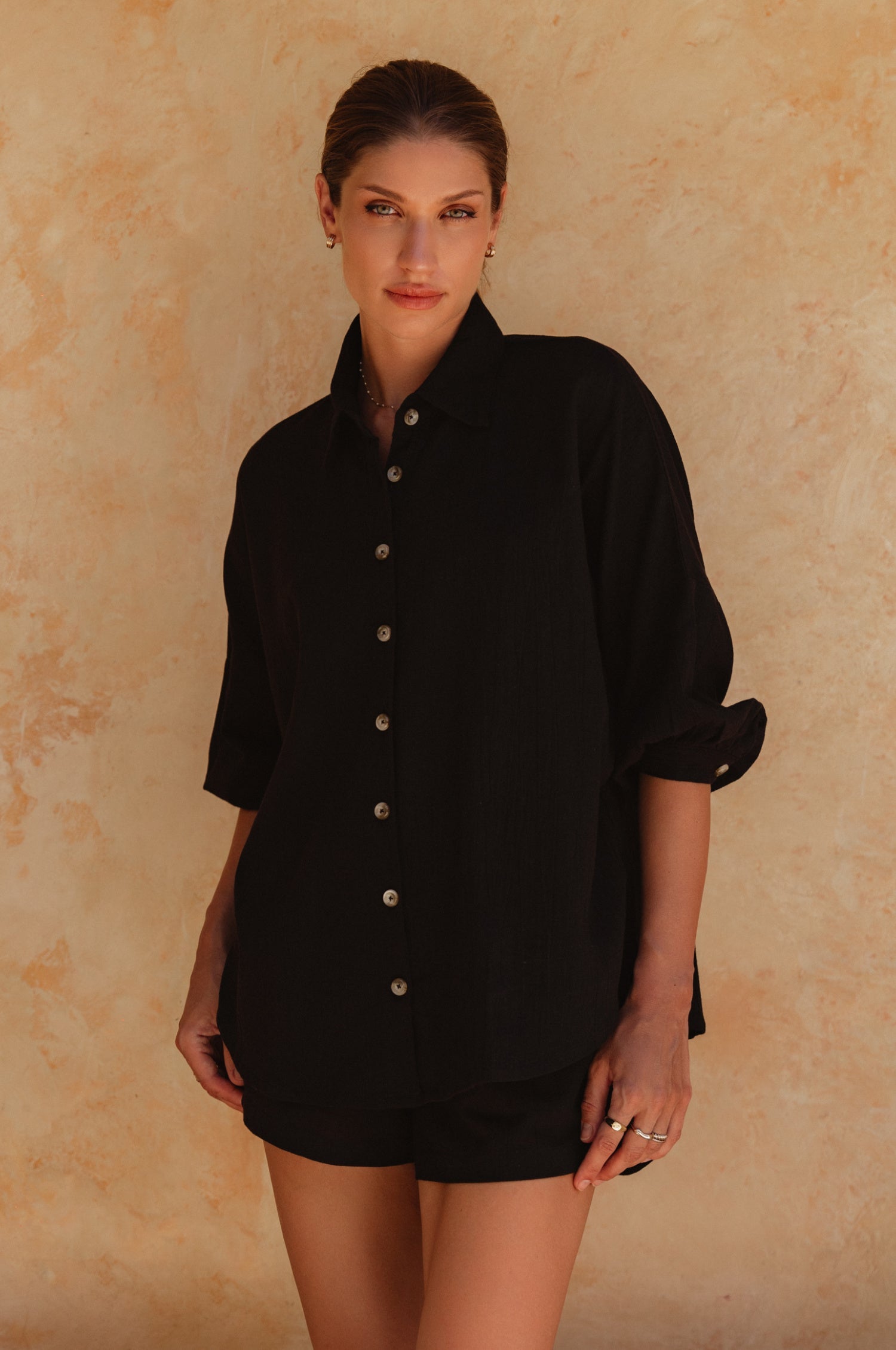 Catalina Black Linen Shirt front on model