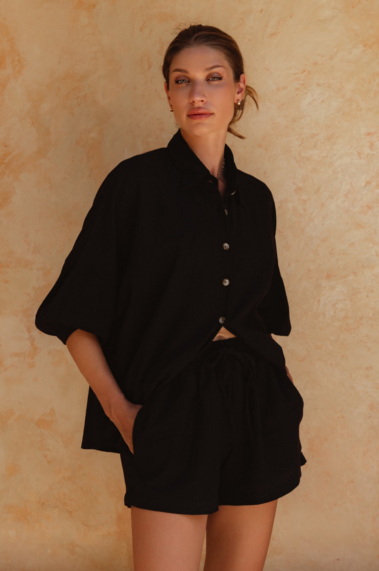 Catalina Black Linen Shirt on model
