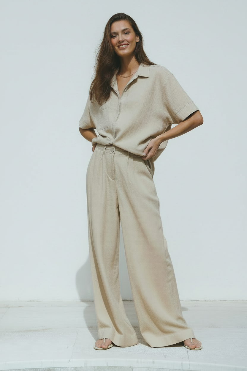 Classic linen pants in beige on model with white background