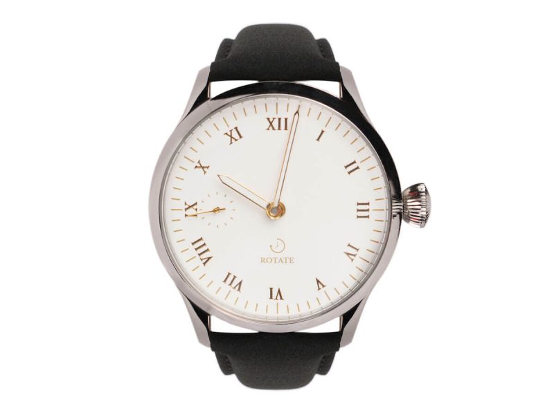 Edison Watchmaking Kit Wristwatch with black strap and white dial on a white background
