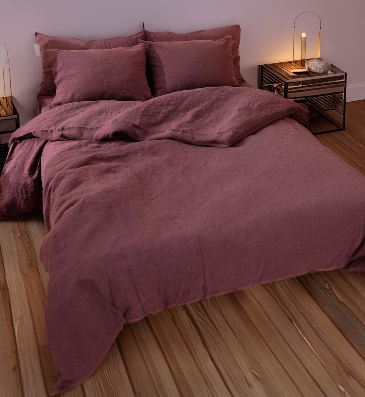 Pure Linen Sheet Set in Berry  and pillows in a bedroom setting.
