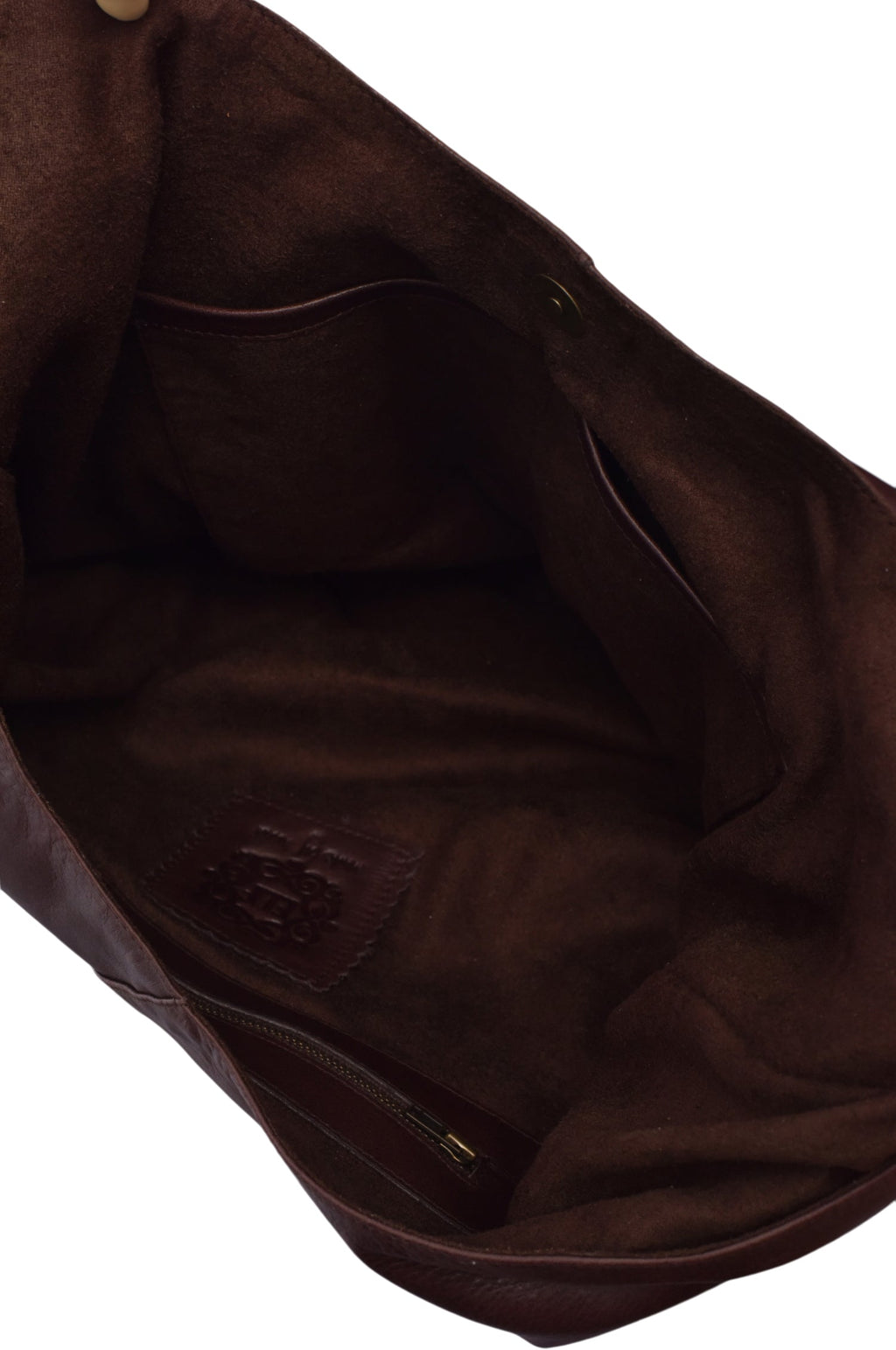 Close-up of Sienna brown leather bag interior