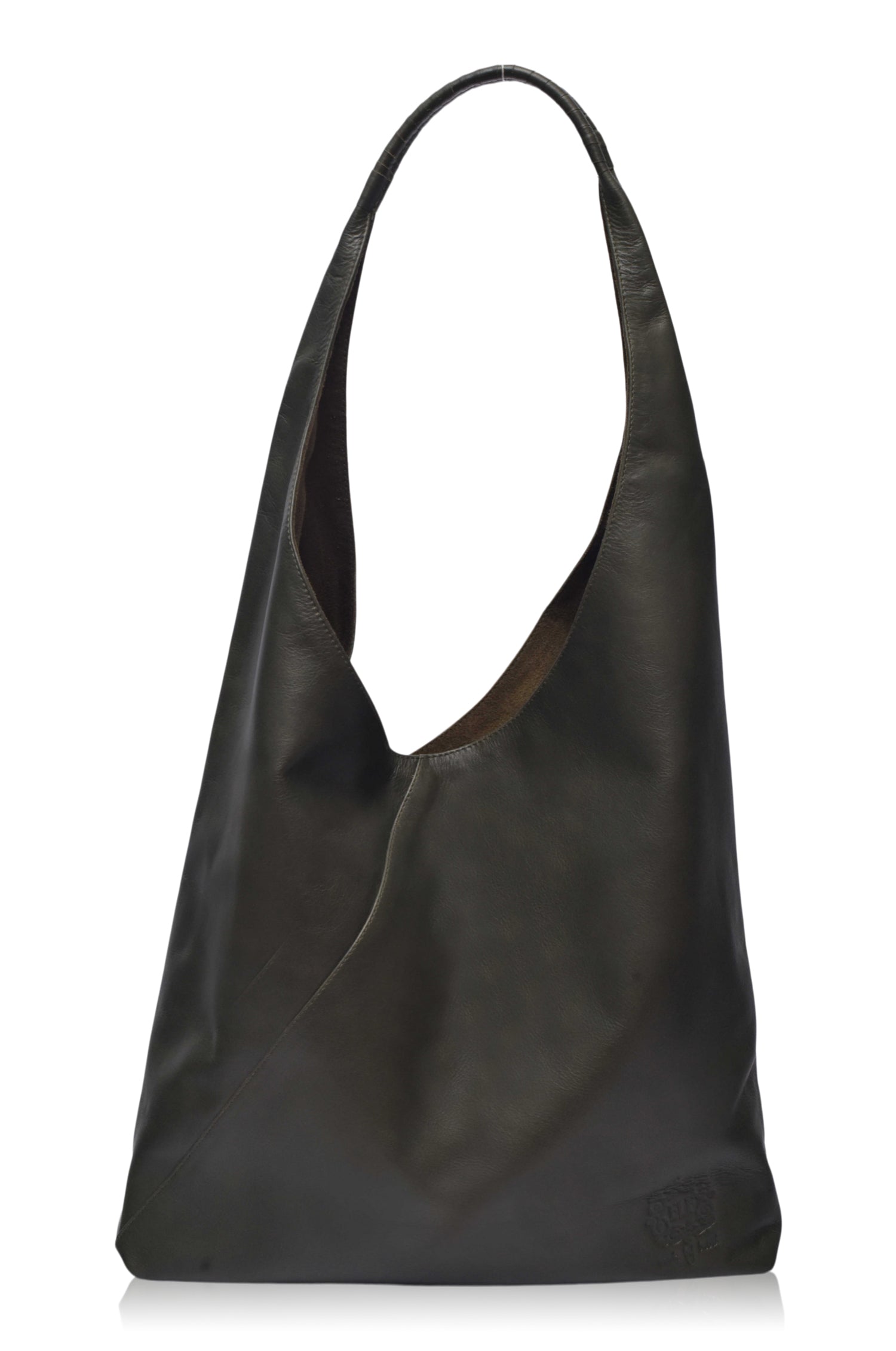 Dark khaki green leather tote bag on a white background