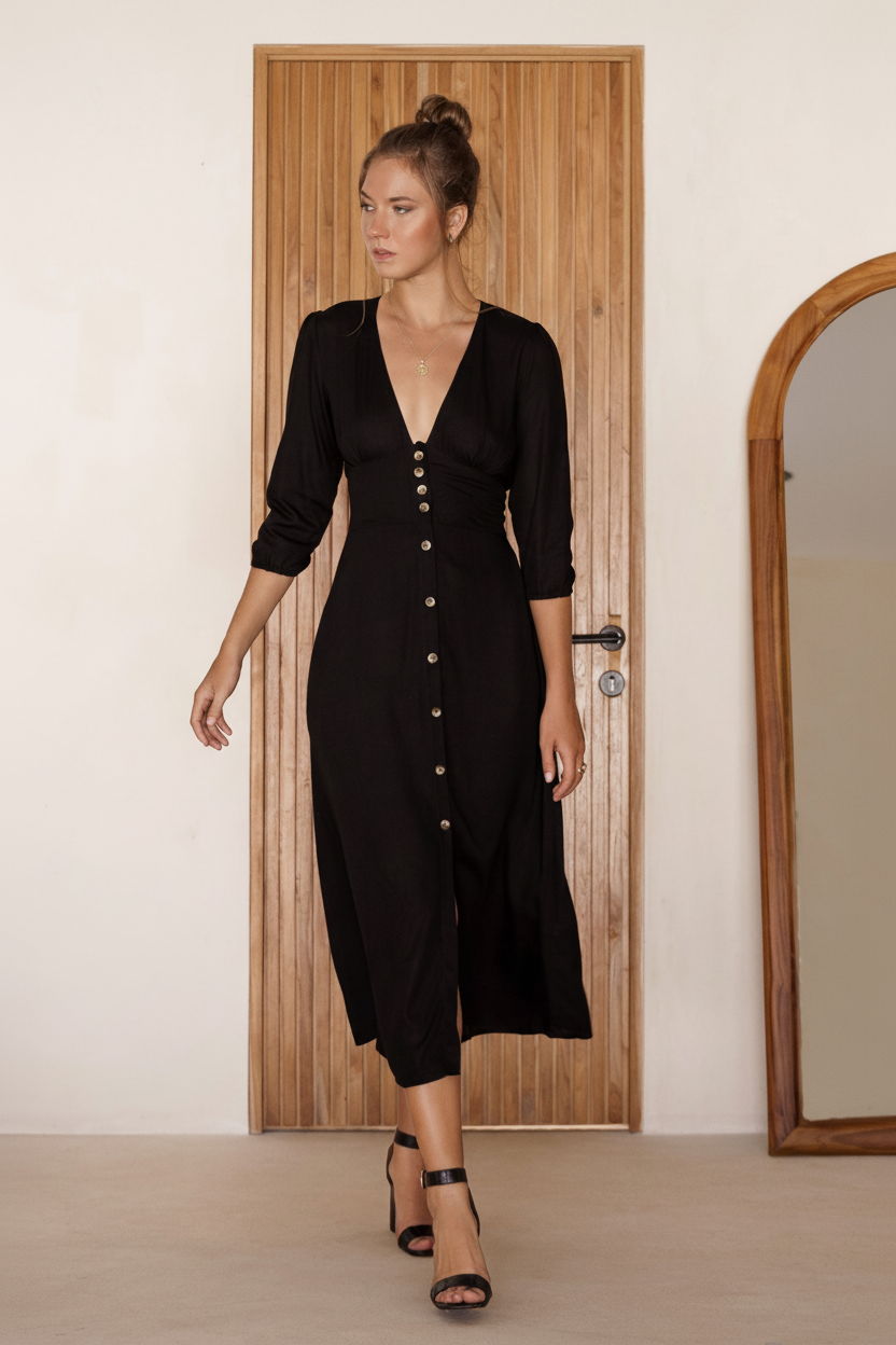 Woman wearing a black dress with buttons standing in front of a wooden door.